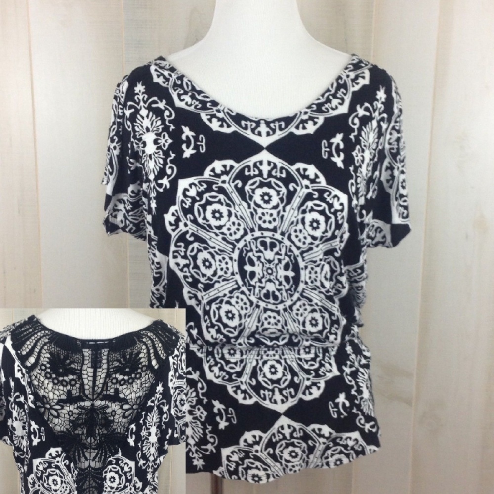 INC Peplum Top Crochet Back Inset Black White - S